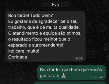 Print de conversa no WhatsApp com cliente agradecendo pela qualidade do serviço